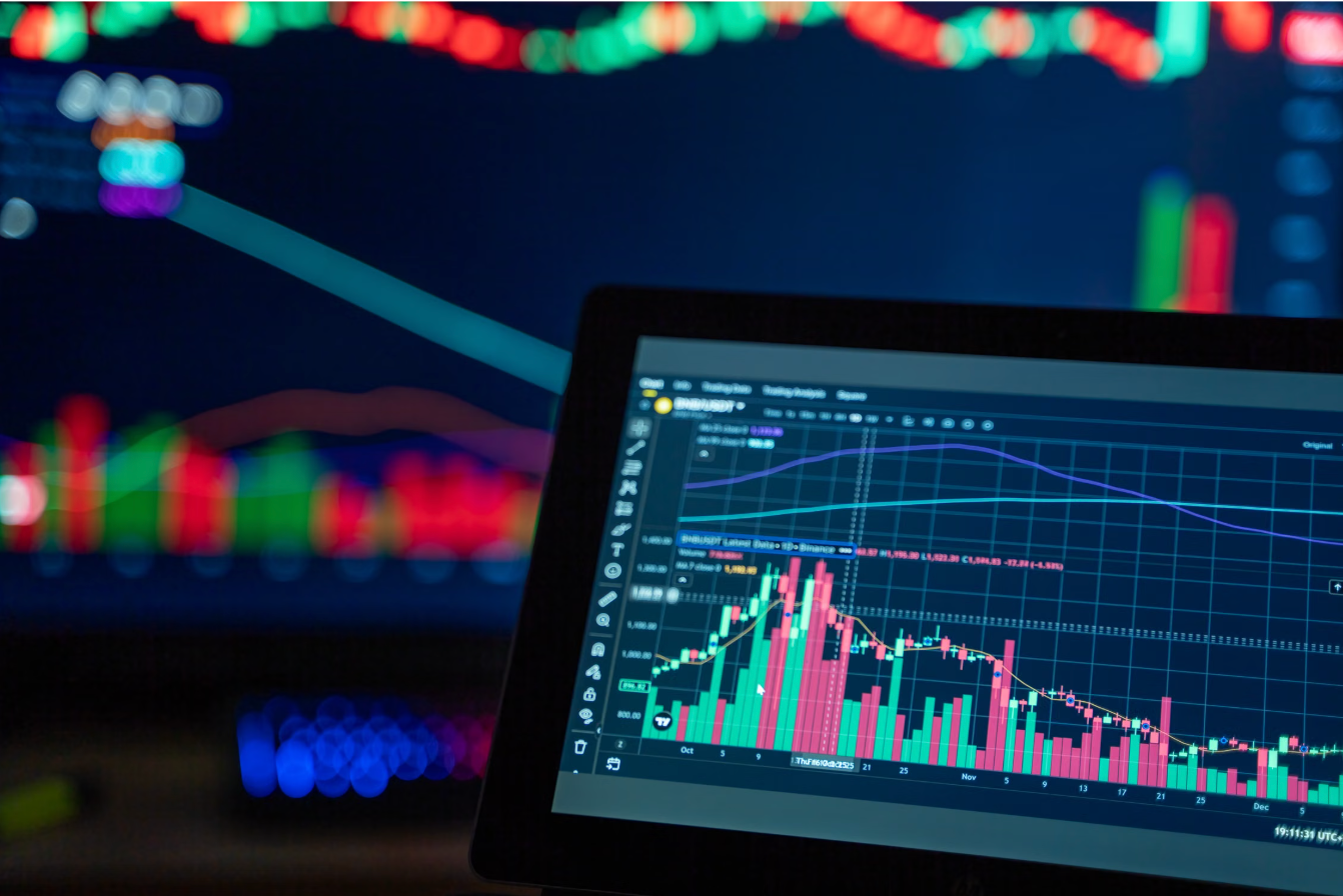 Tablet displaying real-time trading and market analysis charts
